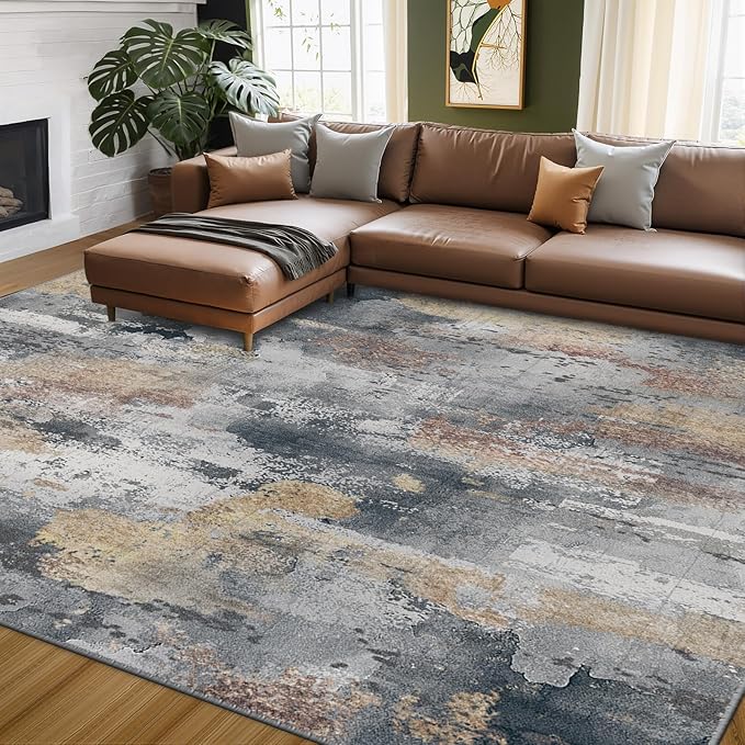 RELEANY Washable 9'x12' Abstract Area Rug for Living Room Ash Brown | Carpet for Bedroom, Kitchen, Office, Hallway and Entryway, Printed Pattern, Non‑Slip, Soft, Stain‑Resistant, Easy to Clean