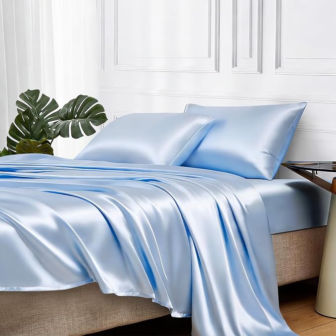 MR&HM Satin Sheets Twin XL Size with Elastic Corner Straps, Light Blue | Similar to Silk, 3-Piece Silky Soft Bed Sheet Set, Gentle on Skin and Hair, 15" Deep Pocket, Cooling & Breathable