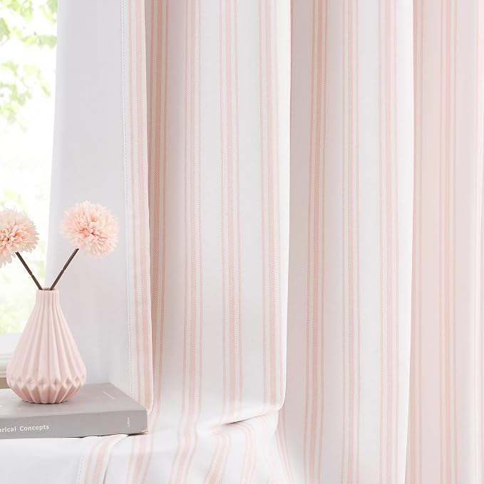 ZJDECOR White Cotton Blended Full Blackout Curtains with Pink Stripes | Modern Bedroom Living Room Drapes,Thermal Insulated Window Treatment,Back Tabs Rod Pocket,55"Wx72"L(Pack of 2)