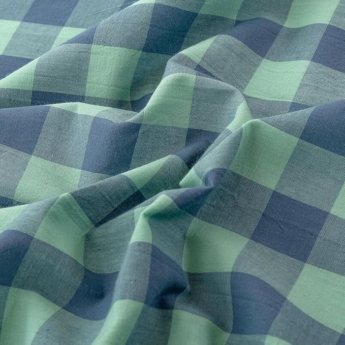 mixinni Green Gingham Grid Duvet Cover Twin, 100% Washed Cotton Modern Geometric Bedding Set with 2 Pillowcases, Farmhouse Style Blue Plaid Comforter Cover Set for Men & Women, Soft & Lightweight