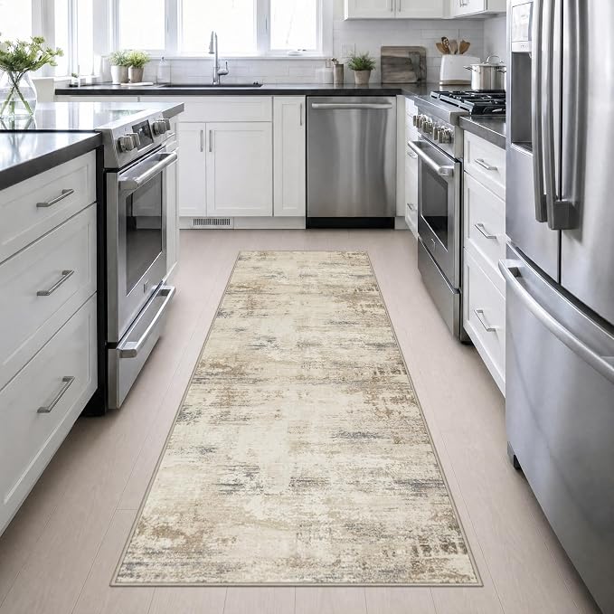 3x10 Washable Runner Rug：Modern Abstract Soft Carpet Beige Brown | For Hallway, Bedroom, Kitchen, Laundry, Bathroom,Door Mat,Modern Abstract,Machine washable,Non-Slip,Stain Resistant,Indoor