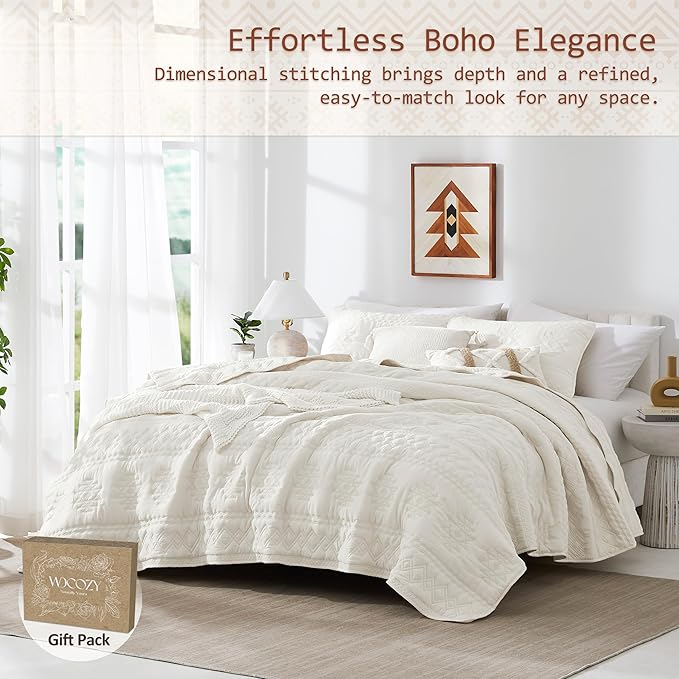 WDCOZY Boho Ivory Quilt King Size Bedding Sets with 2 Pillow Shams, Cream White Farmhouse Lightweight Soft Bedspread Coverlet for All Season, 3 Pieces, 104x90 inches