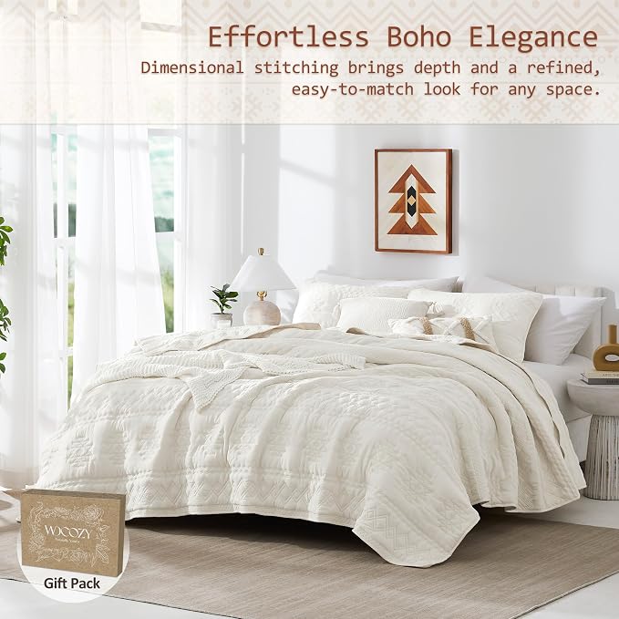 WDCOZY Boho Ivory Oversized California Cal King Size Quilt Bedding Sets with 2 Pillow Shams, Cream White Farmhouse Lightweight Soft Bedspread Coverlet for All Season, 3 Pieces