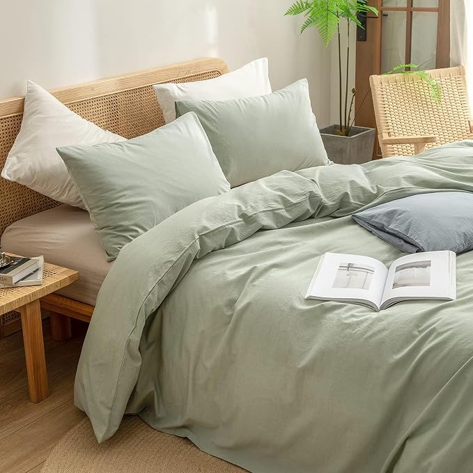 BESTOUCH Cotton Solid Duvet Cover Set Linen Feel Sage Green Alaska King | 100% Washed Cotton, Soft Wrinkle Texture, Hidden Zipper, 8 Ties, Breathable Lightweight Durable Comfy, 3 Pcs No Insert