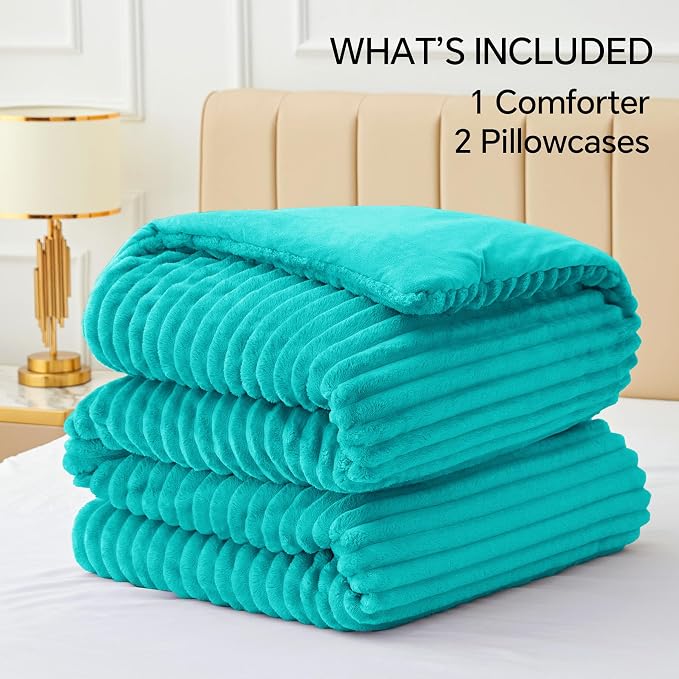BEDELITE Fleece Queen Comforter Set, Fluffy Bed Set, Teal | Super Soft & Warm Bedding, Luxury Fuzzy Faux Fur Comforter for Winter, Heavy Plush Bedding, with 2 Pillowcases