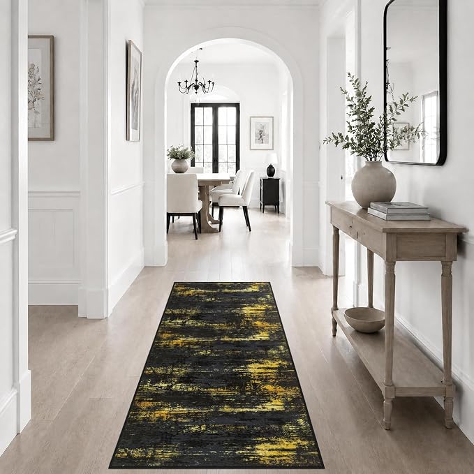 2x5 Washable Runner Rug：Modern Abstract Soft Carpet Black Gold | For Hallway, Bedroom, Kitchen, Laundry, Bathroom,Door Mat,Modern Abstract,Machine washable,Non-Slip,Stain Resistant,Indoor