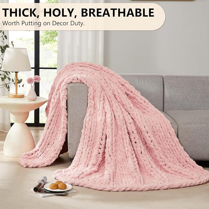 L'AGRATY Chunky Knit Throw Blanket for Couch, 72'' x 84'' Knit Throw, Pink | Handmade Chenille Crochet Blanket for Sofa Bed, Thick Cable Knitted Blankets for Room Home Decor, Birthday Gift for Women Mom