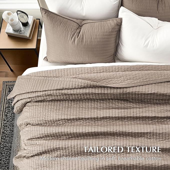 EVERGRACEHOME Cotton Sateen Quilt Set, King Size, Stone Taupe | 100% Cotton, Channel Stitch Coverlet Bedspread, Pre-Washed Lightweight Soft Bedding Set for All Season, 3 Piece, with 2 Shams