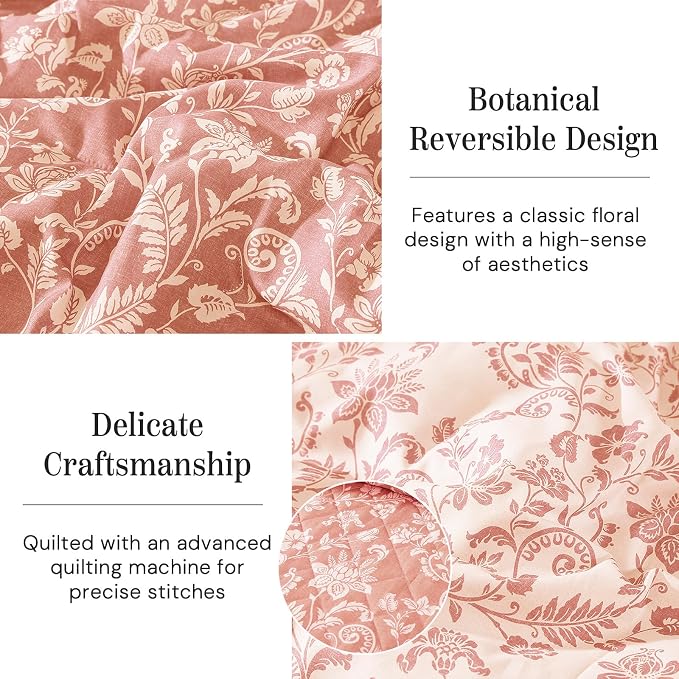 BLOOMHAVEN King Quilt Set-3 Pieces Soft Bedding Floral Reversible Coverlet | All Seasons Lightweight Quilts Queen Size for Bed, Breathable Vintage Bedspread with Shams, Clay Pink