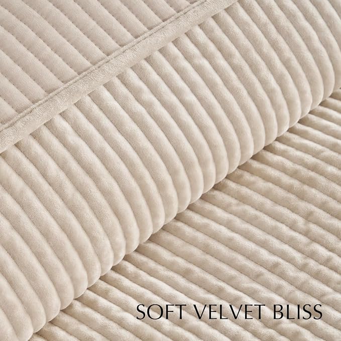 EverGrace Striped Channel Velvet Quilt Set, Queen Size, Light Sand | Luxurious Soft Lightweight Velvet Comforter, Oversized Bedspread Coverlet, Quilted Bedding Set for All Season, with 2 Shams