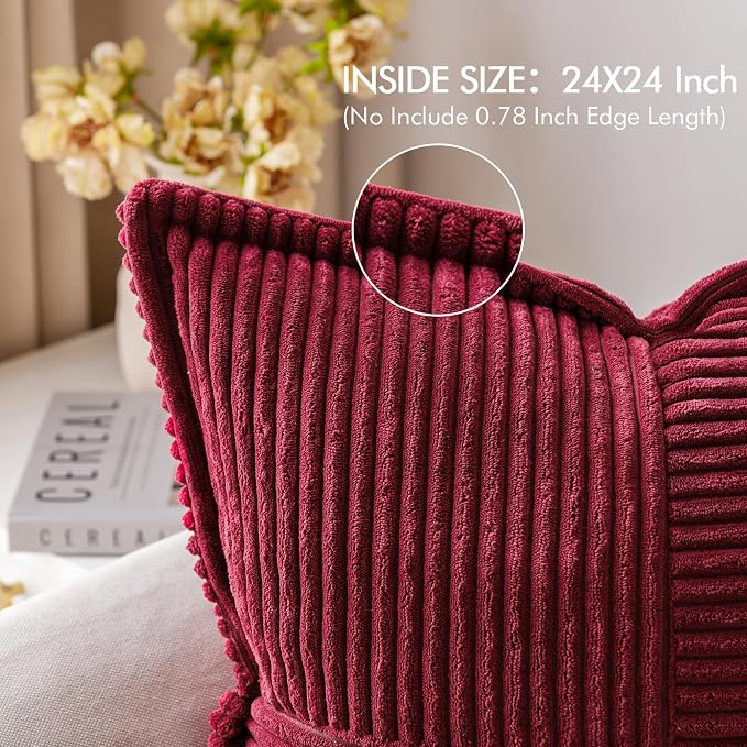 MIULEE Decorative Euro Sham Throw Pillow Covers 24x24 Inch Burgundy 2 Pack | Boho Broadside Striped Patchwork Pillow Covers, Soft Corduroy Cushion Cases, For Bed Sofa Couch Livingroom Home Decor