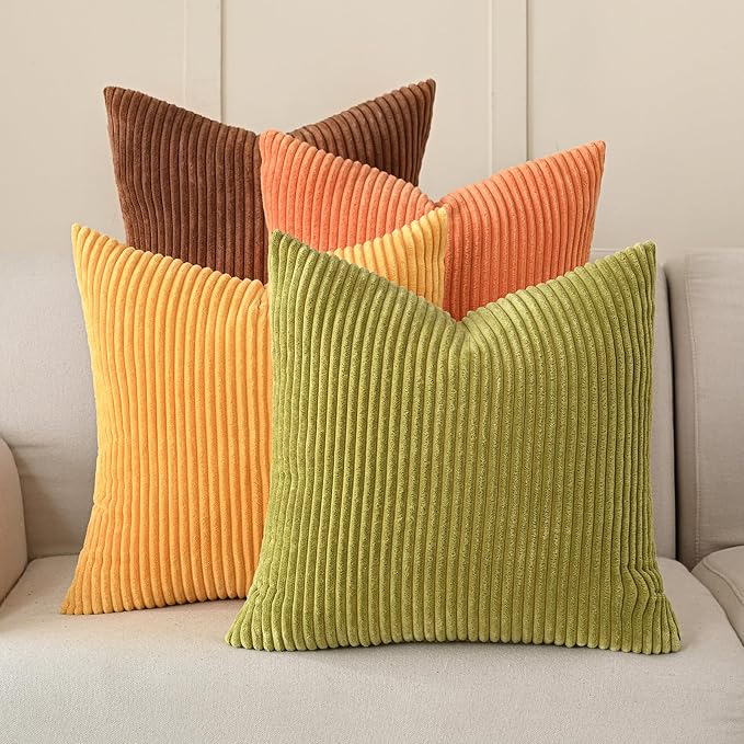 Volcanics Set of 4 Fall Orange Corduroy Throw Pillow Covers 18x18 Inch | Decorative Yellow Green Gradient Couch Pillow Covers, Rustic Western Striped Cushion Covers for Bed Sofa Living Room