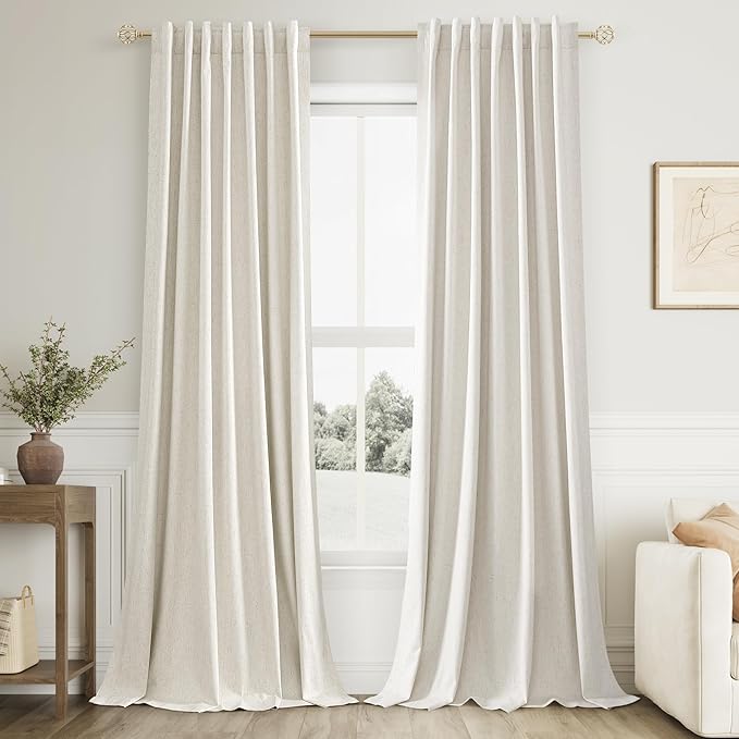 Extra Long 100% Blackout Linen Curtains for Bedroom 126 Inches Long Natural Cream Black Out Curtain Back Tab Thermal Insulated Room Darkening Window Drapes for Living Room 2 Panels Beige Ivory 52x126