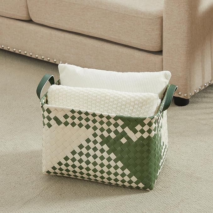 BROWNLILY Handwoven Clothes Basket Laundry Hampers Large Wicker Storage Baskets for Shelves Blankets Closet Storage Bins Car Bedroom Bathroom Organizers and Storage Bath (Pack of 4, Green&White)