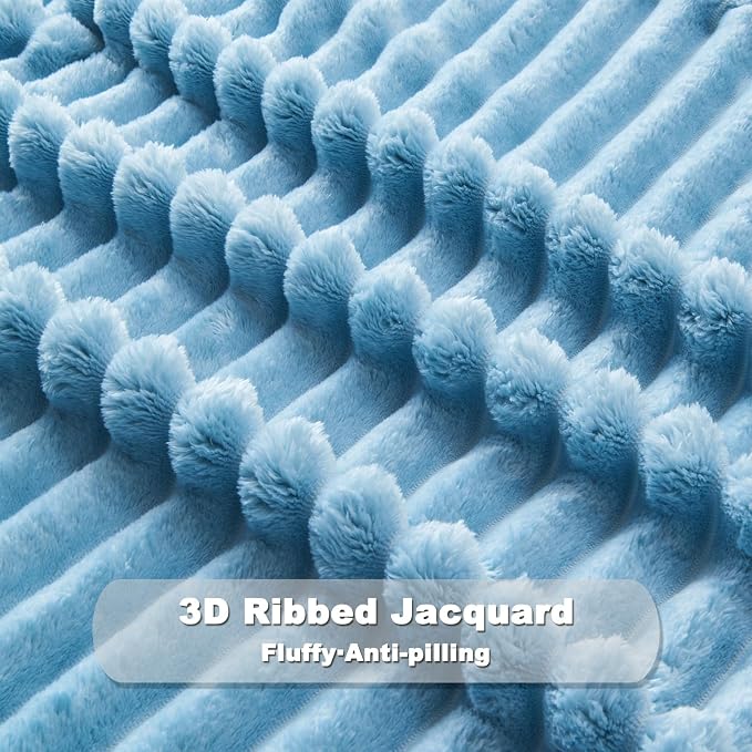 NEWCOSPLAY Fleece Ribbed Cozy Queen Blanket for Couch, Blue, 90"x90" | Premium Silky Flannel Blanket, Soft Lightweight Fluffy Throw Blanket for Bed Sofa Decor, Gift for All Season Use