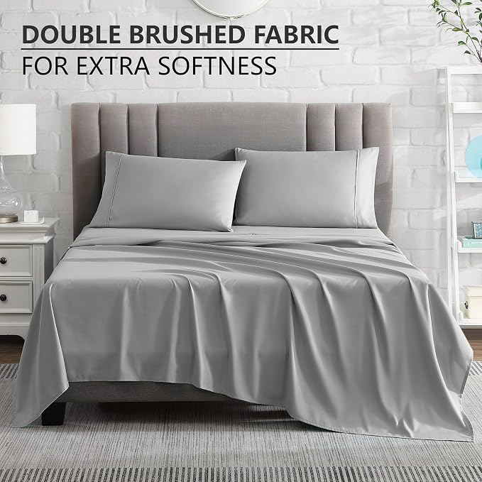 American Home Collection King Sheet Set - Ultra-Soft Microfiber 15-Inch Deep Pocket - Wrinkle Free and Fade Resistant (Light Grey)