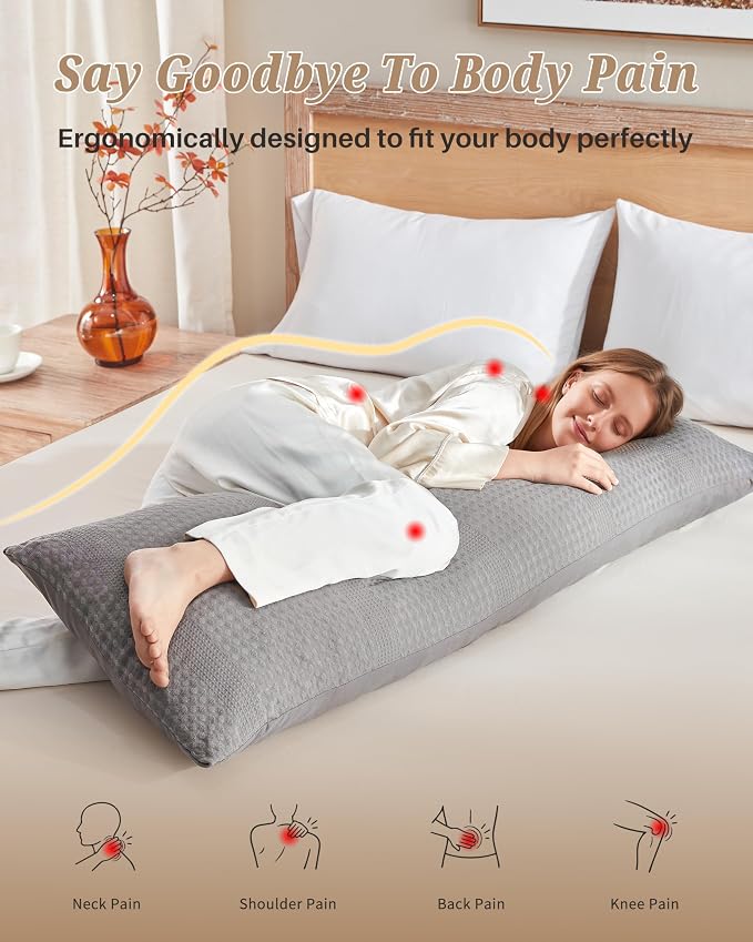 YZ HOME Waffle Weave Body Pillow for Adults, Memory Foam Insert | Long Pillow with Removable Pillowcase, Firm and Fluffy, Large Bed Pillows for Side Sleepers, Washable, 20x54 Inch, Grey