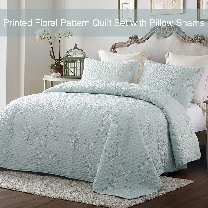 Exclusivo Mezcla Reversible Boho Quilts Queen Size Aqua | Lightweight Soft Bedspreads, All Season Flowers Coverlet Bedding Set, Printed Floral Pattern, 1 Quilt and 2 Pillow Shams