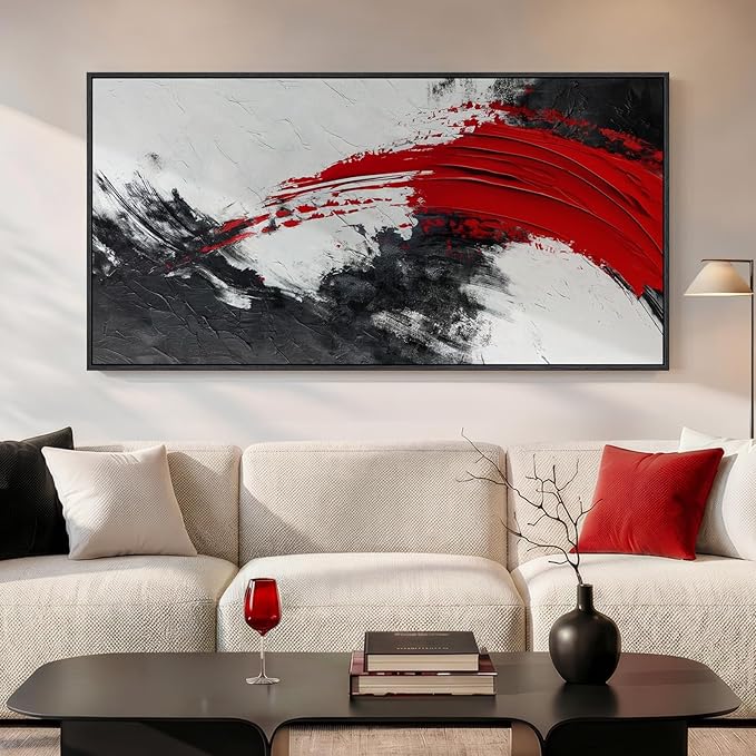 Extra Large Framed Red Black White Abstract Wall Art for Living Room, 60x30 | Modern black and white pictures, Canvas prints, Minimalist artwork for walls, Wall decor for bedroom dining office hallway