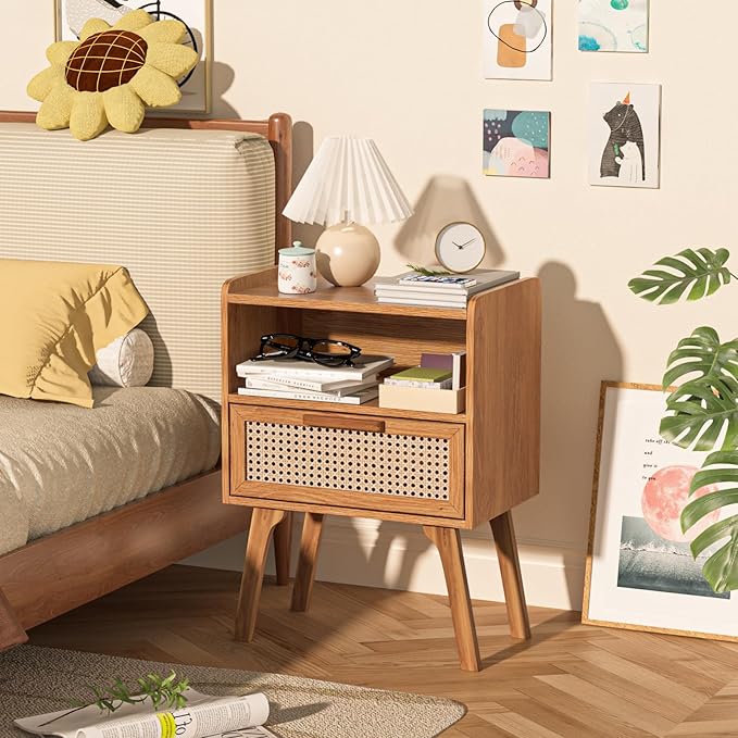 Lerliuo Rattan Nightstands Set of 2, Side Table with Drawer | Bedside End Table with Solid Wood Legs, Mid Century Modern Night Stand for Bedroom, Dorm and Small Spaces (Tea Brown)