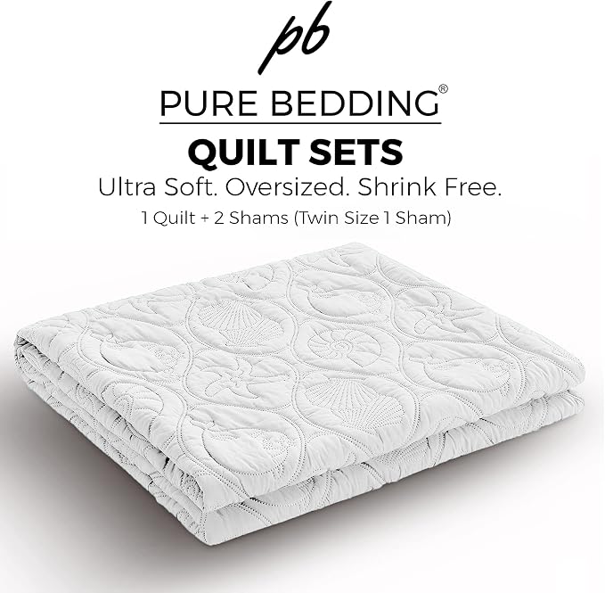 Pure Bedding Quilt Set King/Cal King/California King Size White - Oversized Bedspread - Microfiber Coverlet - Includes 1 Quilt and 2 Shams, Ocean Star Pattern