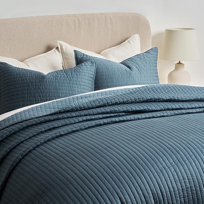 EVERGRACEHOME Cotton Sateen Quilt Set, King Size, Sonoma Blue | 100% Cotton, Channel Stitch Coverlet Bedspread, Pre-Washed Lightweight Soft Bedding Set for All Season, 3 Piece, with 2 Shams