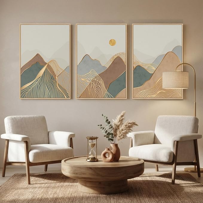 Large Framed Boho Modern Mountain Wall Art for Living Room, 3 Piece, 24x36 | Neutral, Landscape, Nature inspired, Minimalist, Bedroom decor, Home office, Hallway, Rustic, Earth tone, Canvas artwork