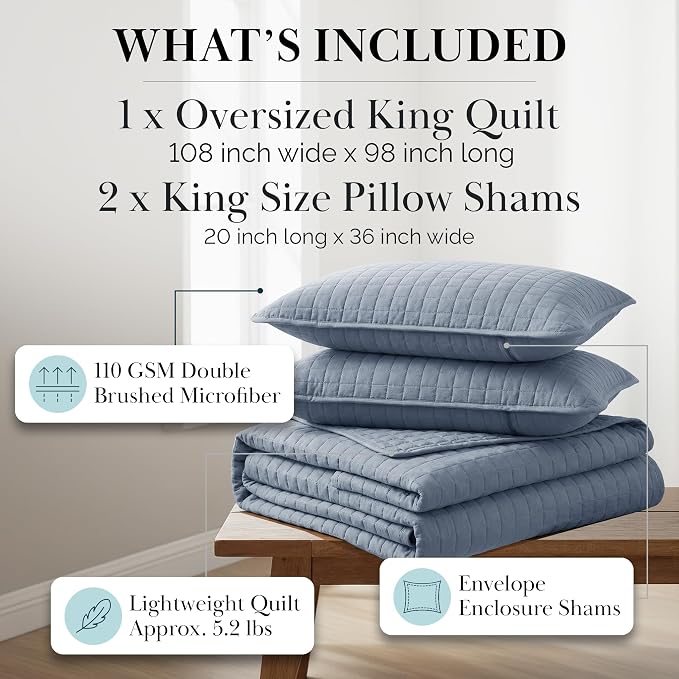 Southshore Fine Living, Inc. Oversized King Quilt Set, Blue Bedspread King California with 2 Matching Pillow Shams, Microfiber Coverlet Set, Oversized King Size Bedspread, Slate Blue Quilt