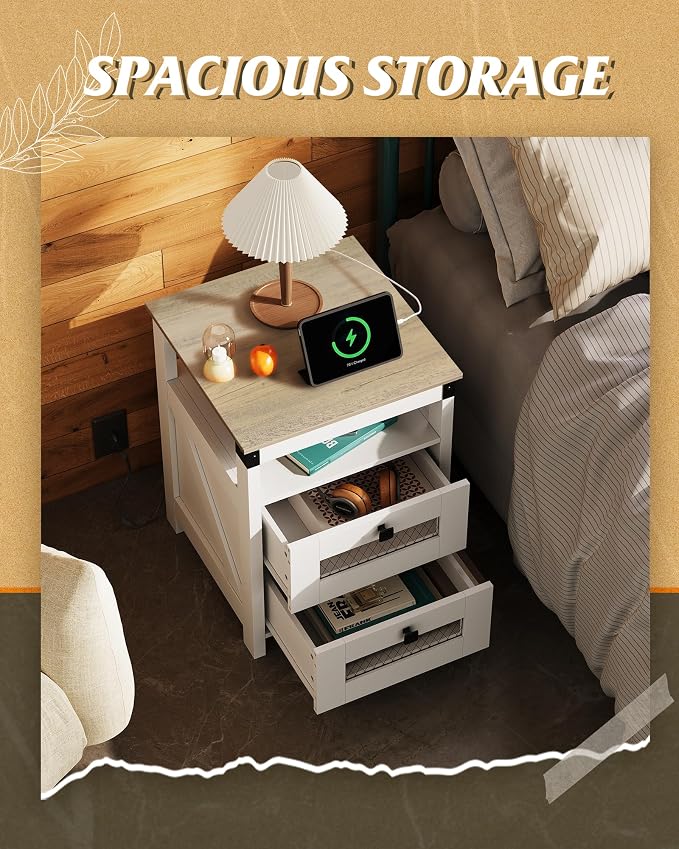 WLIVE Nightstand with Charging Station, Farmhouse End Table, Bed Side Table with 2 Storage Drawers and Open Shelf, Wood Rustic Nightstands for Bedroom, White and Greige