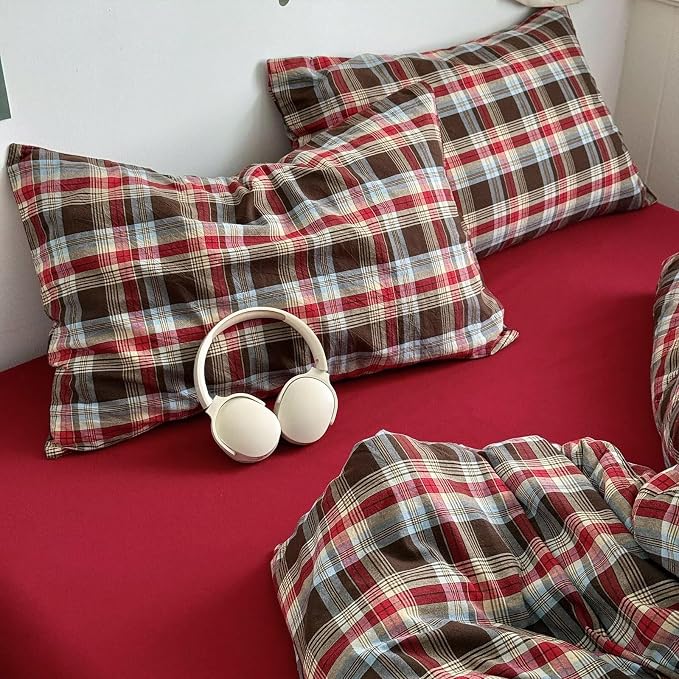 mixinni Vintage Red & Brown Buffalo Plaid Duvet Cover Set King Size - 3 Piece Washed Cotton Bedding Set with Classic Checkered Pattern, Cozy Farmhouse Duvet Cover with Pillowcases for All Seasons