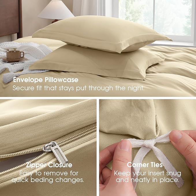 FreshCulture Duvet Cover Full Size - 3 Pieces Microfiber Duvet Cover Set with Zipper Closure - Lightweight & Easy Care - 1 Comforter Cover & 2 Pillow Shams - Comforter Not Included (Beige)