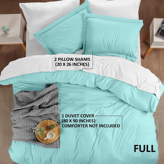 Duvet Cover Full, 3 PC Cotton Like Polyester With Zipper Closure, Spa Blue | Extra Soft and Breathable, Wrinkle & Fade Resistant, Includes Duvet Cover and 2 Pillow Shams, Comforter Not Included, OekoTex