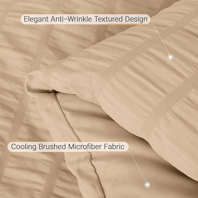 7 Pieces King Comforter Set, Seersucker Bed in a Bag King Size, All Season Luxury Bedding Set with Comforter, Flat Sheet, Fitted Sheet, Pillowcases & Shams, Khaki