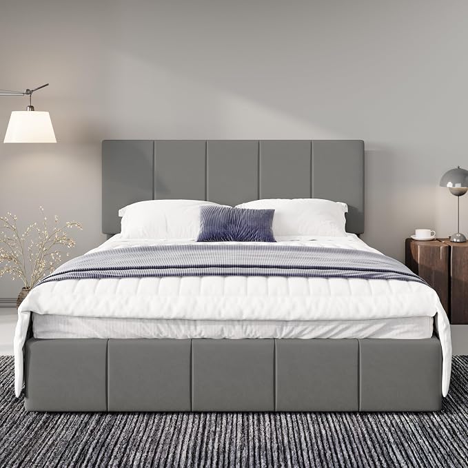 Allewie Full Size Dutch Velvet Upholstered Platform Bed Frame/Vertical Channel Tufted Adjustable Headboard/Low Profile Bed Frame/No Box Spring Needed/Easy Assembly/Grey