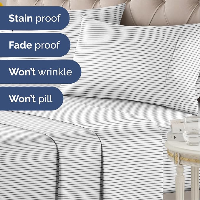 Queen 4 Piece Striped Sheet Set - Soft, Breathable & Cooling - Fine Lines | 1 Flat, 1 Fitted & 2 Pillowcases w/ Deep Pockets, Luxury Striped Bedding, Soft, Breathable & Cooling, Wrinkle & Fade Free