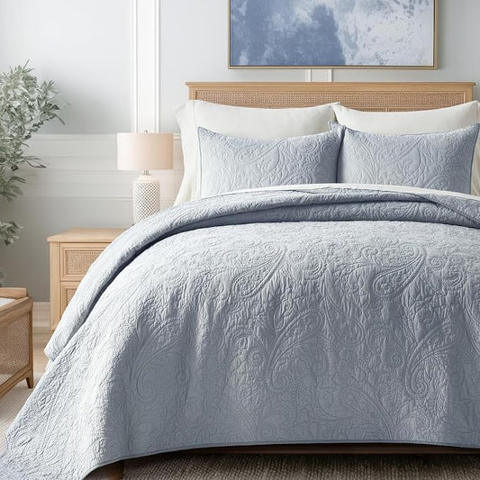 EVERGRACEHOME 100% Cotton Paisley Quilt Set, Queen Size, Pearl Blue | Prewashed for Softness, Year-Round Breathability, Gift-Ready Box, Matelasse-style Quilted Coverlet, 3 Piece Set with 2 Shams