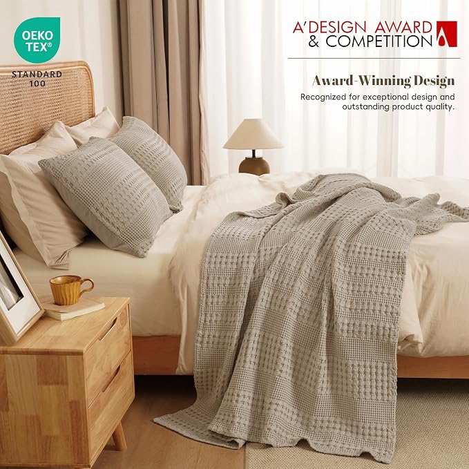 PHF Lightweight 100% Cotton Waffle Throw Blanket for Couch, Taupe | Pre-Washed Soft Cotton Comfort, Breathable Layering Warmth for Fall & Winter, Office, Travel, Sofa, Home Decor & Gifts
