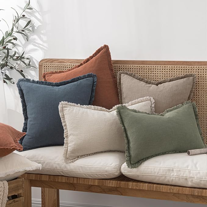 MIULEE Linen Fringe Decorative Fall Euro Throw Pillow Covers Dune 22x22 | Set of 2, Cottagecore Decor, Boho Farmhouse Neutral Pillow Covers, Rustic Fall Couch Cushion Cases for Sofa Bed Living Room