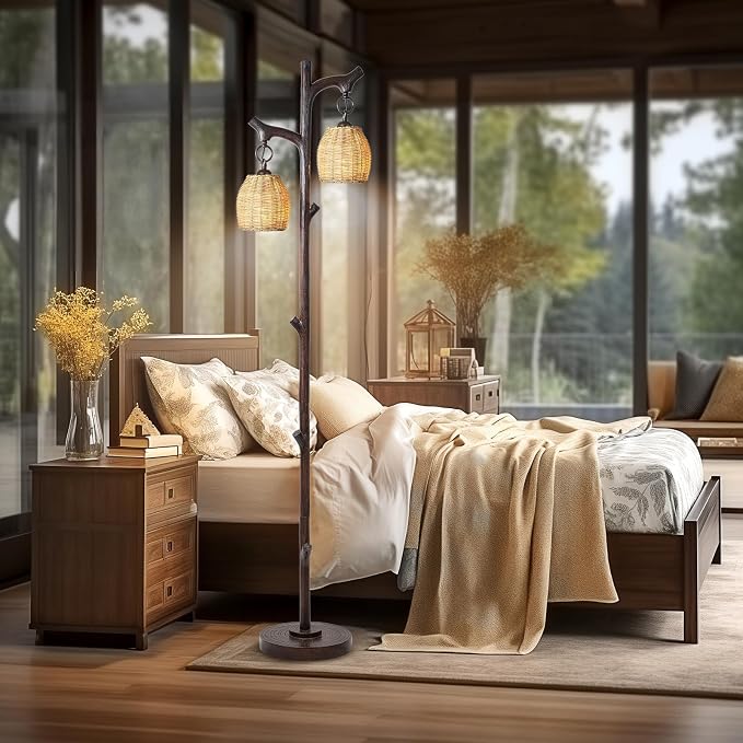 Scenekoy 68" Tall Floor Lamp with Wicker Drum Shade, Foot Switch Dimming | Tree Trunk Dark Finish, Resin Lamp Body, Farmhouse Rustic Standing Lamp with Bulb, Decor for Living Room Bedroom Reading Room