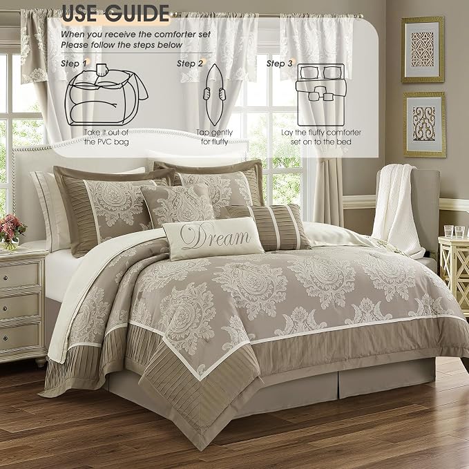 Beige King Size Comforter Set, 15 Pieces, Damask Jacquard Woven, Bedding Set with Sheets, Room in a Bag, Comforter, Bed Skirt, Pillow Shams and Decor Pillows, Curtains