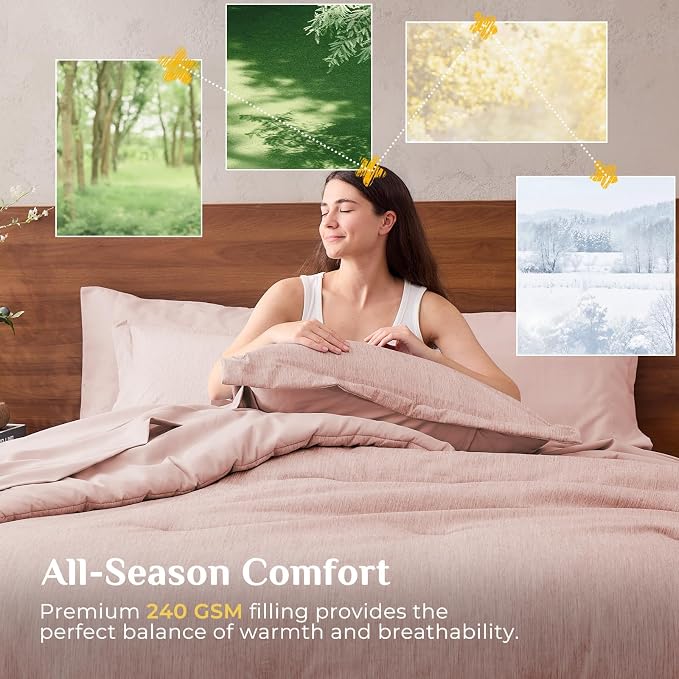 JOLLYVOGUE Rose Pink Queen Comforter Set, Cationic Dyeing Bed in a Bag Queen 7 Pieces, Double-Tone Bedding Set with Down Alternative Comforter, Sheets, Pillowcases & Shams