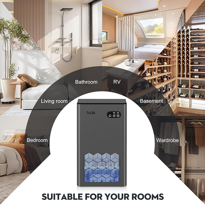 ToLife Dehumidifier, 1000 Sq Ft 95 oz Tank with Sleep Mode, Auto Shutoff | Portable for Home, Bedroom, Bathroom and Basement with 7-Color LED Light, Grey