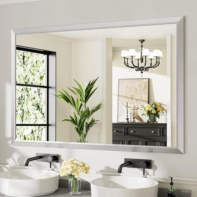 Bathroom Wall Mirror, Silver Brushed Nickel Metal Frame, 60x40 Inch | Anti-rust, HD tempered glass, for bathroom vanity, bedroom, living room, horizontal or vertical mount