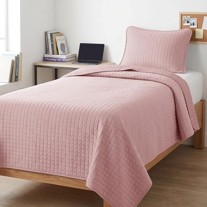 Southshore Fine Living, Inc. Stitched Twin XL Quilt Bedding Set, Dorm Room Bedding, Hotel Quality Microfiber Bedspread, RV Bedding Sets, XL Twin Pink Quilt Bed Spread w/Pillow Sham, Pastel Pink Quilts