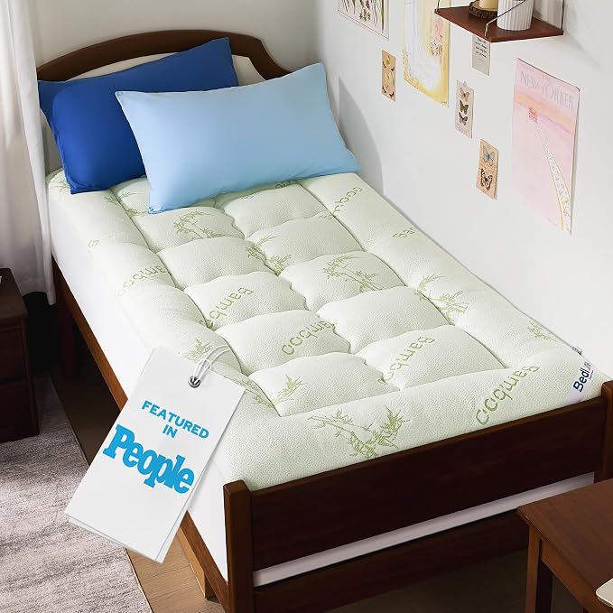 BEDLORE Twin XL Mattress Topper Viscose Bamboo, Pillow Top Mattress Pad | Deep Pockets Fit 6”-15” Mattress, Soft Breathable Thick Dorm-Size Mattress Topper for Students and Hot Sleepers(Green)