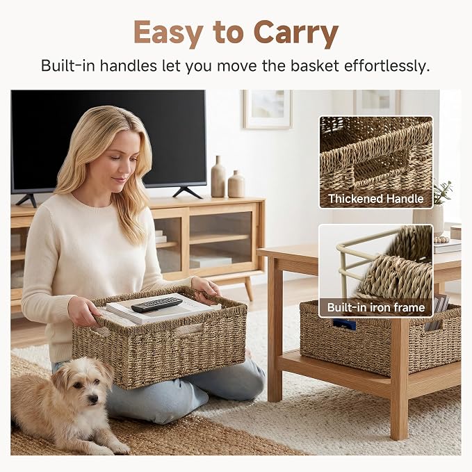 StorageWorks Extra Large Wicker Basket, Seagrass Storage Basket, 1-Pack | Seagrass Baskets with Handles, Wicker Baskets for Organizing, Wicker Storage Baskets for Shelves, Woven Basket for Storage