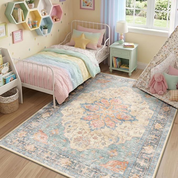 RELEANY Washable Area Rug, 5'x7', Blue/Orange/Red | Non-Slip, Water Repellent, Pet Friendly, Easy to Clean, Vintage Floral Boho Decor for Living Room Bedroom Dining Room Office