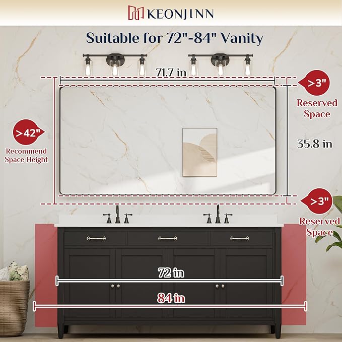 Keonjinn 72 x 36 Inch Black Bathroom Mirror for Over Sink, Tempered Glass | Sandblasted Finish, Matte Black Vanity Mirror, Anti-Rust, Seamless Aluminum Frame, Rounded Rectangle, French Cleat Mount