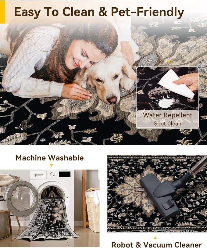 RELEANY Washable Area Rug, 8'x10', Black/Neutral | Non-Slip, Water Repellent, Pet Friendly, Easy to Clean, Vintage Floral Boho Decor for Living Room Bedroom Dining Room