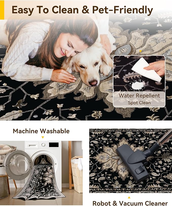 RELEANY Washable Area Rug, Large 10'x14', Black/Neutral | Non-Slip, Water Repellent, Pet Friendly, Easy to Clean, Vintage Floral Boho Decor for Living Room Bedroom Dining Room